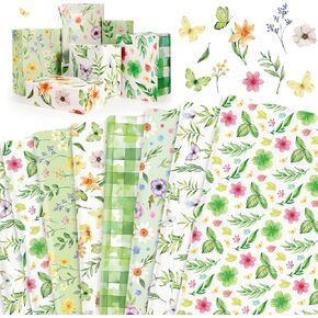 HOWAF 12 Sheets Hello Spring Floral Wrapping Paper,Flower Tulips Gift Wrapping Paper for Easter Birthdays Spring Baby Showers party Decorations