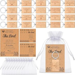 50 Sets Christian Gifts Set Include Wooden Bible Verse Keychain Inspirational Scripture Cards with Bible Verses and White Organza Bags for Men Women Office School Church Supplies (Square)
