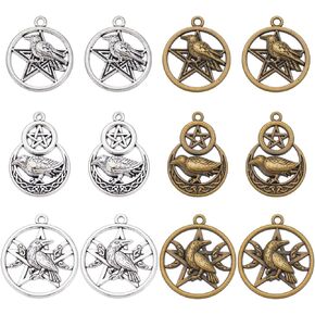 SUNNYCLUE 1 BOX 24PCS Pentagram Charms Bulk Pentacle Charm Magic Star Satanic Halloween Gothic Tetragrammaton Alloy Sliver Crow Raven Charms for Jewelry Making Charms Diy Earrings Necklace Craft