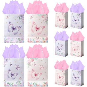 24Pcs Butterfly Party Favor Gift Bags with Tissue Paper Butterfly Goodie Treat Candy Bags Pink and Purple Flowers Paper Bags with Handles for Girl Boy Birthday Baby Shower Decoration Theme Supplies