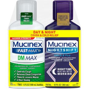 سائل Mucinex Nightshift Cold & Flu الذي يخفف الحمى/العطس/التهاب الحلق/سيلان الأنف والسعال، 6 أونصة سائلة (عبوة من قطعة واحدة)