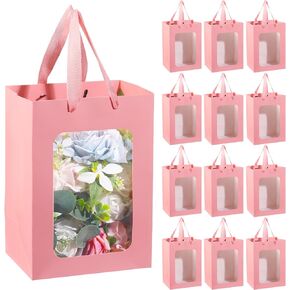 Liobelon 12 Pack Kraft Gift Facs with Window Window ، 10 * 7 * 5in karft karft facs with handle for flower party favors (pink)