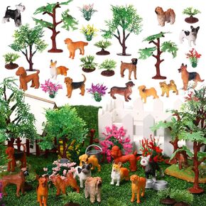 SRATTE 26 PCS MINI DOG Sompurines PlaySet 12 Toy Dogs 9 Model Trees 5 Flowers Flowers Forms Supurines Diorama Supplies for Cake Toppers Toddlers Gip Hip Hipity Party School Decor
