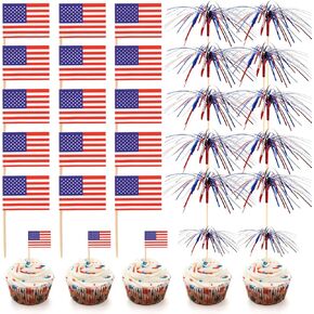 80pcs Mini Toothpick Flags, American Flag US Picks, 4th of July Patriotic Cupcake Topper with Aluminum Foil Tassel Shiny Firework Cocktail Appetizer Food Stick for Party Festival Cake Decoration