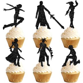 Dessert Cupcake Topper Game Player Cosplay Play Gaming Sports Party Theme Decor Supplies Men Women Boys Girls Happy Birthday Party Decoration 18pcs Black Silhouette Glitter
