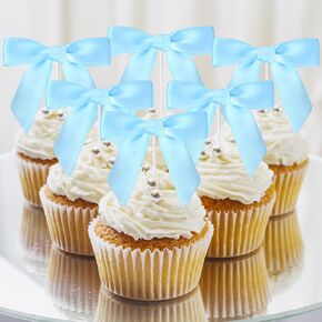 30Pcs Bow Cupcake Toppers Pre-Tied Blue Satin Ribbon Bow Cupcake Picks Coquette Cake Decorations for Birthday Baby Shower Wedding Party Supplies