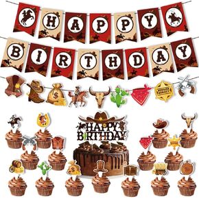 West Cowboy Cake Toppers - Western Cowboy Party Decorations Banners Party Supplies Cupcake Toppers for Men Boys Birthday Cowboy Themed Party Decor Cow Rodeo Birthday Party Decorations