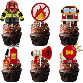 18pcs Red Glitter Dessert Cupcake Topper Pick for Fire Truck Fireman's Uniform Fireman Fire Fighting Theme Decor Supplies Men Women Kids Happy Birthday Party Decorations