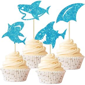 24Pcs Shark Cake Toppers Blue Glitter Cake Topper Ocean Theme Cake Topper Sea Animal Baby Shower Kids Birthday Party Cake Topper