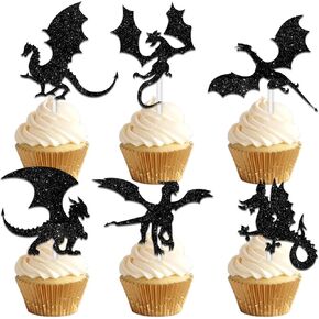 18pcs Black Silhouette Glitter Dragon Dessert Cupcake Topper Pick for Dragons Game Theme Men Boys Happy Birthday Party Decor Supplies Decorations