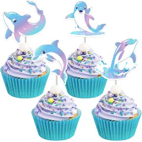 Joymemo 36 PCS Dolphin موضوع كب كيك أعلى الأقطار الوردي الأزرق الأرجواني - تحت ديكورات كعكة عيد ميلاد البحر للبنات ، مزدوجة على الوجهين الدلفين أوشن مواضيع جوازات الحزب