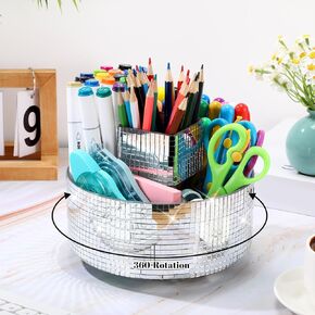 Honeydak Disco Bling Desk Accessories Organizer 5 Slots 360 Sequin Degree Rotating Makeup Brush Storage Box Acrylic Pen Holder Countertop Skincare Organizer Multifunctional for Home Office School Gift