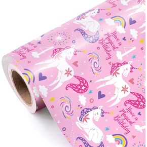 WRAPAHOLIC 4th Girls Birthday Wrapping Paper Roll - Mini Roll - 17 Inch x 33 Feet - Pink Magical Unicorn Design for Girls Birthday, Kids Birthday