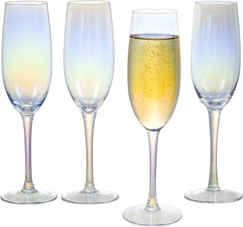 MyGift Iridescent Blue Angled Rim Champagne Flute Set of 4, Sparkling Wine Stemless Glasses, Rainbow Transparent Prosecco Wine Glass, Cocktail Mimosa Glass Set, Holiday New Year Toasting Glass in Kuwait