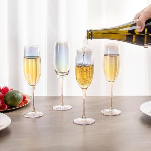 MyGift Iridescent Blue Angled Rim Champagne Flute Set of 4, Sparkling Wine Stemless Glasses, Rainbow Transparent Prosecco Wine Glass, Cocktail Mimosa Glass Set, Holiday New Year Toasting Glass in Kuwait