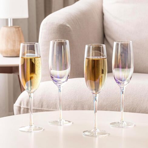 MyGift Iridescent Blue Angled Rim Champagne Flute Set of 4, Sparkling Wine Stemless Glasses, Rainbow Transparent Prosecco Wine Glass, Cocktail Mimosa Glass Set, Holiday New Year Toasting Glass in Kuwait