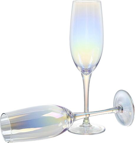 MyGift Iridescent Blue Angled Rim Champagne Flute Set of 4, Sparkling Wine Stemless Glasses, Rainbow Transparent Prosecco Wine Glass, Cocktail Mimosa Glass Set, Holiday New Year Toasting Glass in Kuwait