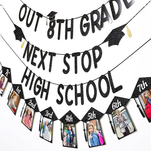 Oudain Peace out 8th Grade Next Stop High School Banner Graduation Decorations Class of 2025 Party Supplies K-8th Grade Graduation Photo Banner(Black Glitter) in Saudi Arabia