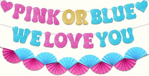 Katchon ، Glitter Pink أو Blue We Love You Lanner - 10 أقدام ، لا DIY | صبي أو فتاة الجنس تكشف لافتة مع مروحة الورق مرواة ، والكشف عن جنس الطفل ديكورات | يكشف النوع الاجتماعي الوردي والأزرق عن الزخارف in Kuwait