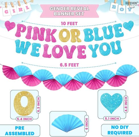 Katchon ، Glitter Pink أو Blue We Love You Lanner - 10 أقدام ، لا DIY | صبي أو فتاة الجنس تكشف لافتة مع مروحة الورق مرواة ، والكشف عن جنس الطفل ديكورات | يكشف النوع الاجتماعي الوردي والأزرق عن الزخارف in Kuwait