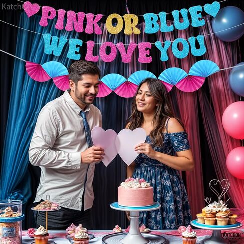 Katchon ، Glitter Pink أو Blue We Love You Lanner - 10 أقدام ، لا DIY | صبي أو فتاة الجنس تكشف لافتة مع مروحة الورق مرواة ، والكشف عن جنس الطفل ديكورات | يكشف النوع الاجتماعي الوردي والأزرق عن الزخارف in Kuwait