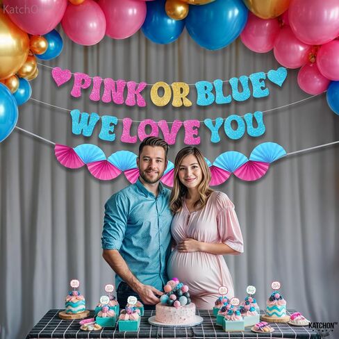 Katchon ، Glitter Pink أو Blue We Love You Lanner - 10 أقدام ، لا DIY | صبي أو فتاة الجنس تكشف لافتة مع مروحة الورق مرواة ، والكشف عن جنس الطفل ديكورات | يكشف النوع الاجتماعي الوردي والأزرق عن الزخارف in Kuwait
