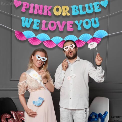 Katchon ، Glitter Pink أو Blue We Love You Lanner - 10 أقدام ، لا DIY | صبي أو فتاة الجنس تكشف لافتة مع مروحة الورق مرواة ، والكشف عن جنس الطفل ديكورات | يكشف النوع الاجتماعي الوردي والأزرق عن الزخارف in Kuwait
