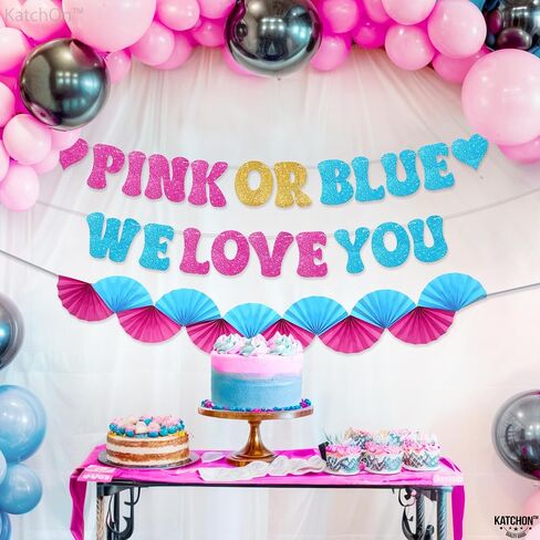 Katchon ، Glitter Pink أو Blue We Love You Lanner - 10 أقدام ، لا DIY | صبي أو فتاة الجنس تكشف لافتة مع مروحة الورق مرواة ، والكشف عن جنس الطفل ديكورات | يكشف النوع الاجتماعي الوردي والأزرق عن الزخارف in Kuwait
