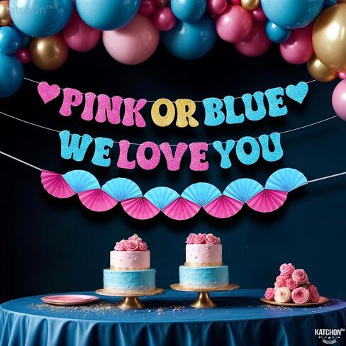 Katchon ، Glitter Pink أو Blue We Love You Lanner - 10 أقدام ، لا DIY | صبي أو فتاة الجنس تكشف لافتة مع مروحة الورق مرواة ، والكشف عن جنس الطفل ديكورات | يكشف النوع الاجتماعي الوردي والأزرق عن الزخارف in Kuwait