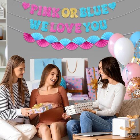 Katchon ، Glitter Pink أو Blue We Love You Lanner - 10 أقدام ، لا DIY | صبي أو فتاة الجنس تكشف لافتة مع مروحة الورق مرواة ، والكشف عن جنس الطفل ديكورات | يكشف النوع الاجتماعي الوردي والأزرق عن الزخارف in Kuwait