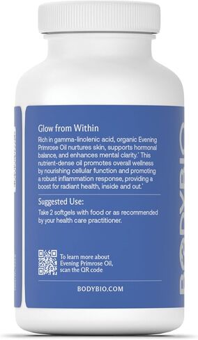 BodyBio Evening Primrose Oil - Natural Gamma Linolenic Acid for Healthy Skin & Hormone Balance - Non-GMO, Cold Pressed, 180 softgels in Kuwait