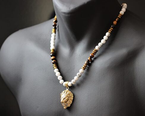 Elisajewelryart - Lion Lion & Natural Lapis Lazuli و Howlite Gemstone Stone Roaline Clasp Clasp Necklace Necklace Usisex (20 ، Lapis Lazuli) in Saudi Arabia
