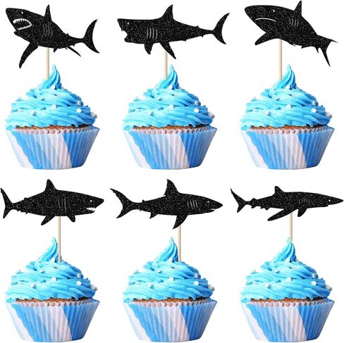 YCTHUNFISH 24 Pack Shark Cupcake Toppers Glitter Ocean Animals Shark Cupcake Picks for Baby Shower Kids Shark Theme Birthday Party Cake Decorations Supplies Black in Kuwait