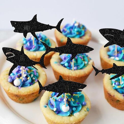 YCTHUNFISH 24 Pack Shark Cupcake Toppers Glitter Ocean Animals Shark Cupcake Picks for Baby Shower Kids Shark Theme Birthday Party Cake Decorations Supplies Black in Kuwait