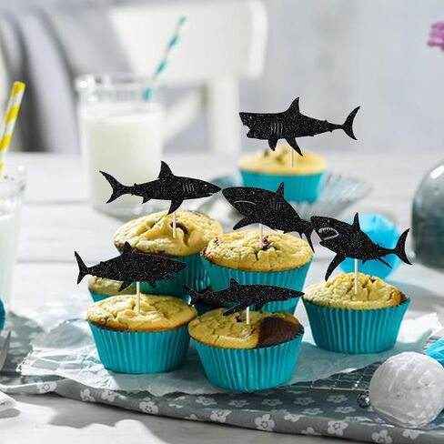 YCTHUNFISH 24 Pack Shark Cupcake Toppers Glitter Ocean Animals Shark Cupcake Picks for Baby Shower Kids Shark Theme Birthday Party Cake Decorations Supplies Black in Kuwait