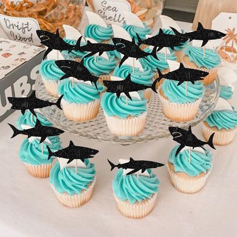 YCTHUNFISH 24 Pack Shark Cupcake Toppers Glitter Ocean Animals Shark Cupcake Picks for Baby Shower Kids Shark Theme Birthday Party Cake Decorations Supplies Black in Kuwait