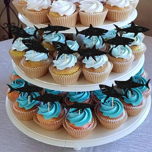 YCTHUNFISH 24 Pack Shark Cupcake Toppers Glitter Ocean Animals Shark Cupcake Picks for Baby Shower Kids Shark Theme Birthday Party Cake Decorations Supplies Black in Kuwait