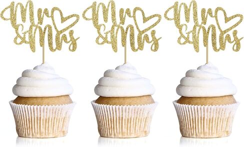Hidori 24pcs Mr and Mrs Cupcake Topers for Wedding Party ، Glitter Sparkly Wridal Devels ، اختيارات طعام المشاركة ، البطاقات بالليزر (W-A5) (الذهب) in Kuwait