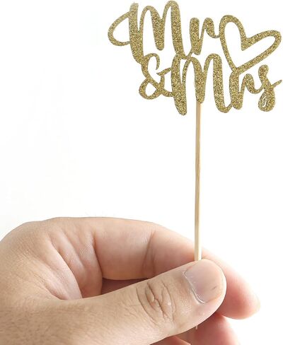 Hidori 24pcs Mr and Mrs Cupcake Topers for Wedding Party ، Glitter Sparkly Wridal Devels ، اختيارات طعام المشاركة ، البطاقات بالليزر (W-A5) (الذهب) in Kuwait