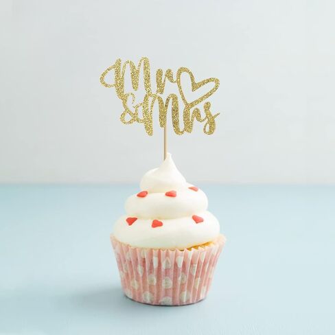 Hidori 24pcs Mr and Mrs Cupcake Topers for Wedding Party ، Glitter Sparkly Wridal Devels ، اختيارات طعام المشاركة ، البطاقات بالليزر (W-A5) (الذهب) in Kuwait