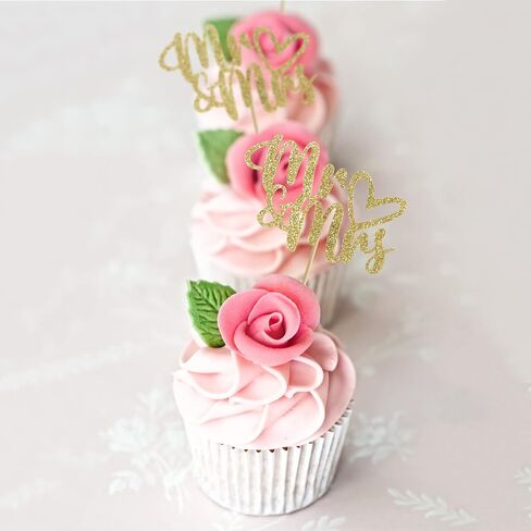 Hidori 24pcs Mr and Mrs Cupcake Topers for Wedding Party ، Glitter Sparkly Wridal Devels ، اختيارات طعام المشاركة ، البطاقات بالليزر (W-A5) (الذهب) in Kuwait