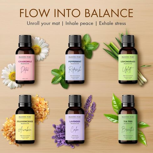 مجموعة الزيوت العطرية العضوية من Majestic Pure USDA للناشرين والعلاج العطري والعناية المنزلية وصناعة الشموع ومرطبات الهواء والهدايا - النعناع واللافندر والأوكالبتوس وشجرة الشاي وعشب الليمون - (5 مل × 6) in Kuwait