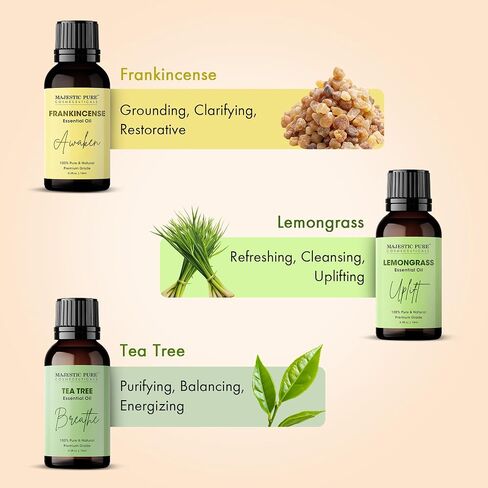 مجموعة الزيوت العطرية العضوية من Majestic Pure USDA للناشرين والعلاج العطري والعناية المنزلية وصناعة الشموع ومرطبات الهواء والهدايا - النعناع واللافندر والأوكالبتوس وشجرة الشاي وعشب الليمون - (5 مل × 6) in Kuwait