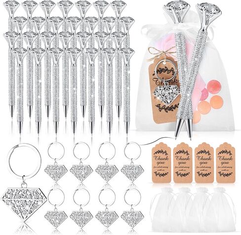 Qilery 12 Set Bridal Shower Pens Diamond Pens with Diamond Keychains Wedding Crystal Ballpoint Bridal Shower Games Wedding Favors for Women Girls Gift Party Supply(Silver) in Saudi Arabia
