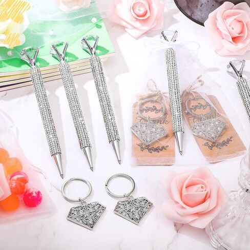 Qilery 12 Set Bridal Shower Pens Diamond Pens with Diamond Keychains Wedding Crystal Ballpoint Bridal Shower Games Wedding Favors for Women Girls Gift Party Supply(Silver) in Saudi Arabia