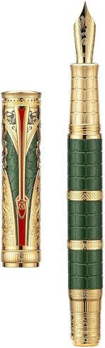 Hongdian D5X Fountain Pen Extra Fine Nib Black Color, Qin Dynasty Retro Chinese Totem Engraving Smooth Writing Pen with Converter and Pen Box Set in Kuwait