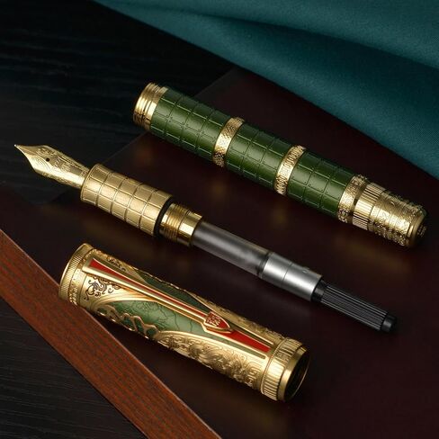Hongdian D5X Fountain Pen Extra Fine Nib Black Color, Qin Dynasty Retro Chinese Totem Engraving Smooth Writing Pen with Converter and Pen Box Set in Kuwait