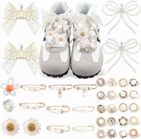 48Pcs Charms for Socks Shoes Pearl Safety Pins Shoe Charms for Sneakers Rhinestone Brooch Button Jewelry Junk Sock Charms Bulk Kit Pearl Bow Shoe Lace Charms Silver Pins Bling Brooch Sock Accessories in Kuwait