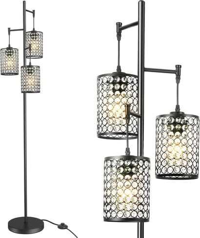 EE Eleven Master Master Modern 3 Light Tree Floor Lamp لغرفة المعيشة مصباح دافئ الكريستال مع/إيقاف تشغيل/إيقاف تشغيل ضوء القطب الأسود الأنيق لغرف النوم فندق Office Hotel in Saudi Arabia