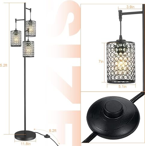 EE Eleven Master Master Modern 3 Light Tree Floor Lamp لغرفة المعيشة مصباح دافئ الكريستال مع/إيقاف تشغيل/إيقاف تشغيل ضوء القطب الأسود الأنيق لغرف النوم فندق Office Hotel in Saudi Arabia
